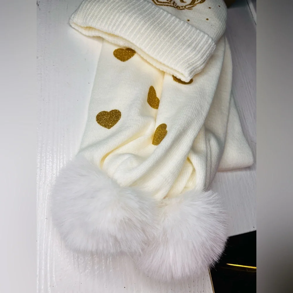 Juicy Couture Kids Knit Beanie Scarf Gloves Set Metallic Hearts NWT